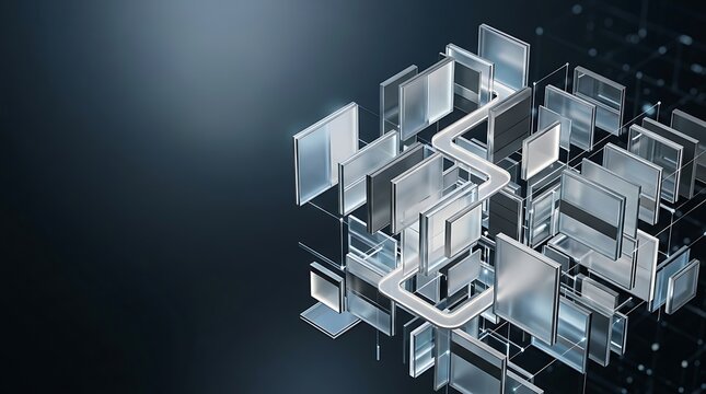 Abstract 3D architectural glass slabs forming a complex digital data structure