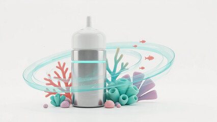 Obraz premium Creative illustration of breast pump surrounded by colorful underwater elements and medical accessories