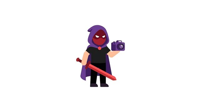 Cartoon hooded character holding camera and sword.