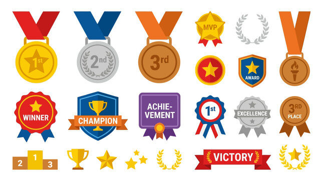 Medals set featuring gold, silver, and bronze awards with ribbons for champion achievements.
