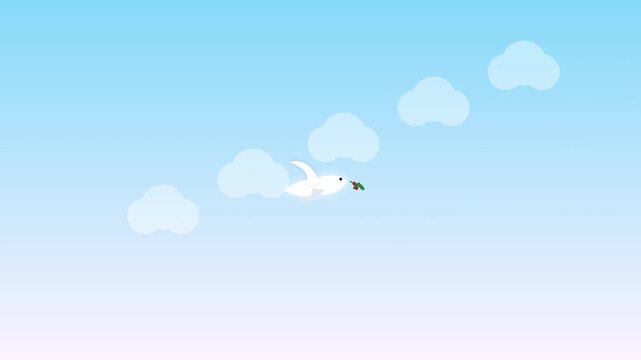 Dove Flying with Olive Branch in Minimalist Blue Sky