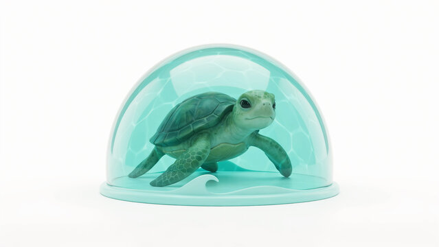 Cute baby sea turtle swimming inside clear dome shaped container with transparent background