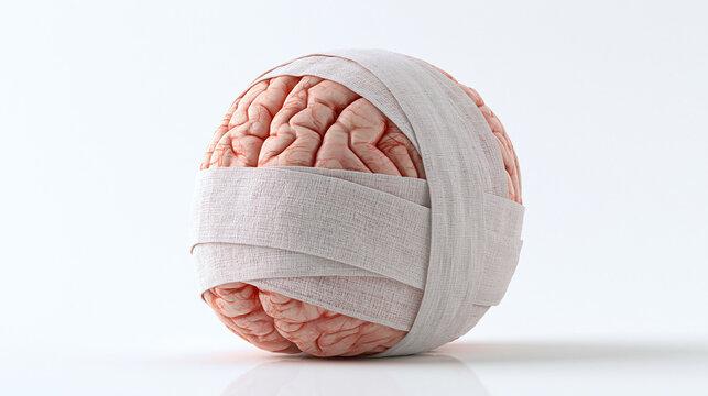 A clean 3D render of a human brain wrapped in white medical gauze bandages on a neutral light background, ideal for mental health and medical concepts.