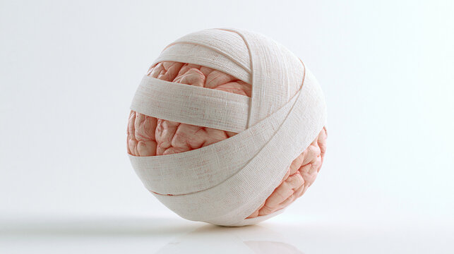 A clean 3D render of a human brain wrapped in white medical gauze bandages on a neutral light background, ideal for mental health and medical concepts.