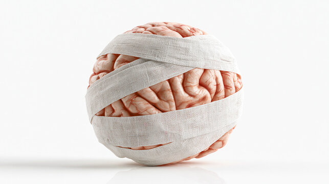 A clean 3D render of a human brain wrapped in white medical gauze bandages on a neutral light background, ideal for mental health and medical concepts.