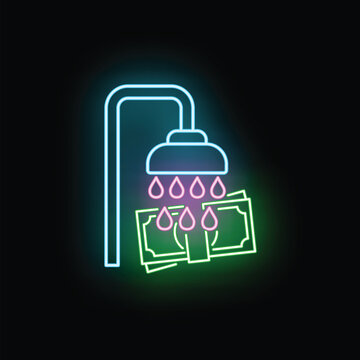 Neon light shower washing dirty money, illustrating financial crime and illegal operations