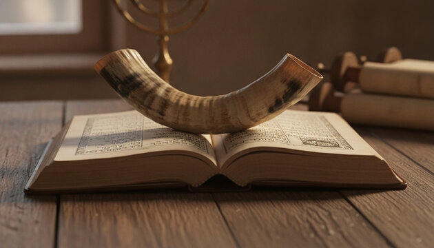 Traditional Jewish shofar horn resting on an open Hebrew prayer book atop a rustic wooden table with a golden menorah and sacred Torah scrolls in a softly lit background setting.