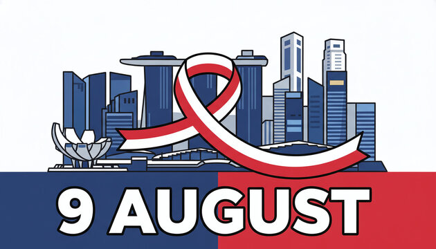 Singapore National Day 9 August vector illustration with Marina Bay Sands skyline, ArtScience Museum, red and white ribbon, and bold text on a thematic patriotic background.