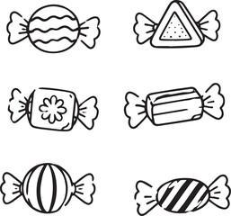 Fototapeta premium Sweet candy and wrapped confectionary vector icon set, wavy line candy, triangular sweet, flower pattern treat, rectangular candy, striped ball and diagonal stripe sweet illustration
