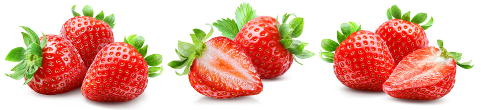 Three separate strawberry groups combining whole berries and sliced halves in different arrangements isolated on transparent background.