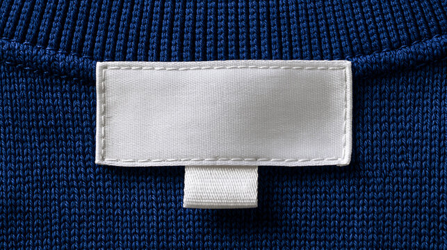 A clean mockup of a blank white clothing label tag stitched inside the neckline of a dark blue sweater or t-shirt for brand identity design.