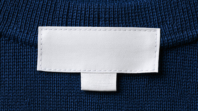 A clean mockup of a blank white clothing label tag stitched inside the neckline of a dark blue sweater or t-shirt for brand identity design.