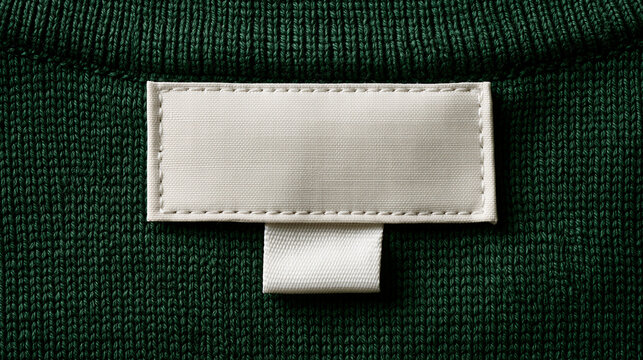 A clean mockup of a blank white clothing label tag stitched inside the neckline of a dark green sweater or t-shirt for brand identity design.