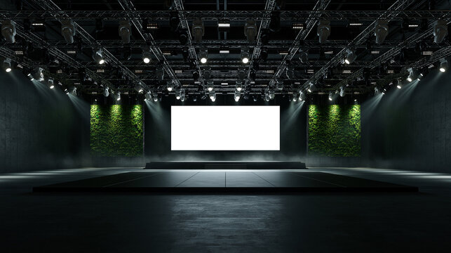 A clean 3D render mockup of an indoor stage with professional lighting, green moss wall panels, and a large blank screen for event branding and presentations.