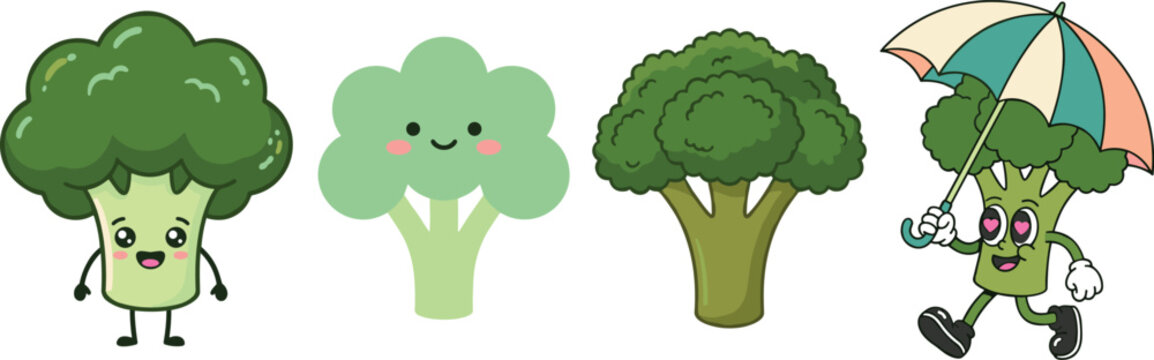 Cute broccoli cartoon character vector illustration set with umbrella and funny kawaii vegetable faces design