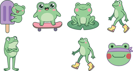 Obraz premium Cute green frog character vector sticker set with skateboarding eating popsicle and wearing boots illustration