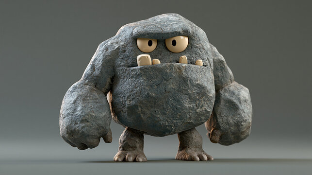 A 3D render of a stylized, cartoon rock monster or stone golem character with funny teeth and a grumpy expression, isolated on a neutral grey studio background.