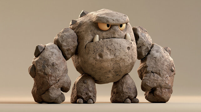 A 3D render of a stylized, cartoon rock monster or stone golem character with a grumpy expression and fangs, standing isolated on a neutral background.