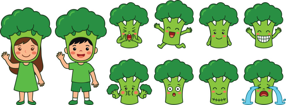 Cute kids in broccoli costume vector illustration set with funny vegetable emoji faces graphic designs