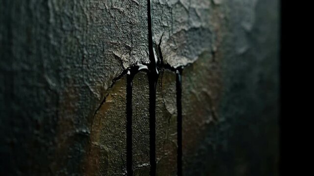 Gothic 4K Slow Motion of Sinister Black Liquid Dripping from Cracks in an Aged Textured Canvas with Moody Dark Lighting
