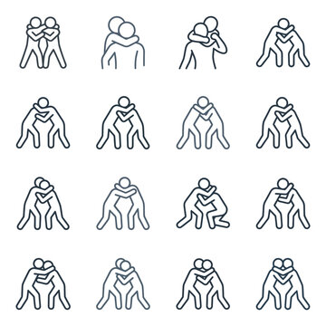 Wrestling line icon set showing stick figures grappling clinching and fighting in combat sports stance.