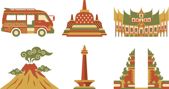 Indonesia culture landmark vector set with borobudur temple monas monument volcano bali gate and traditional house