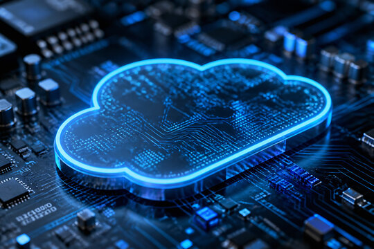 A glowing blue cloud icon representing data or computing is displayed on a close-up of a circuit board.