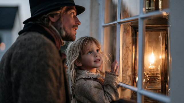 Lamplighter in period costume lighting a street lantern viewed through a modest cottage window by a small child pressed against the glass, warm glow spreading outward, twilight
