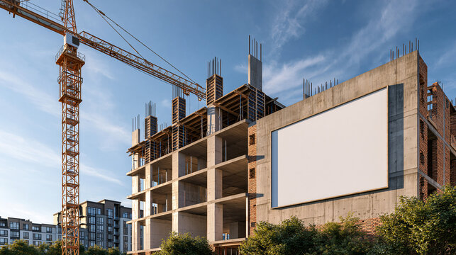 A clean mockup of a large blank billboard sign mounted on an unfinished concrete building under construction with a tower crane against a bright blue sky.