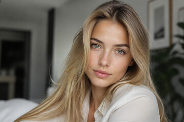 Fototapeta premium A beautiful blonde woman is posing indoors in a softly lit, modern setting.