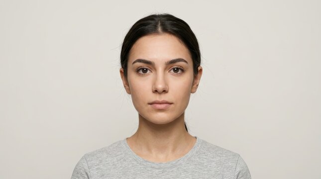 Biometric passport photo of a woman with a neutral background, professional portrait photography