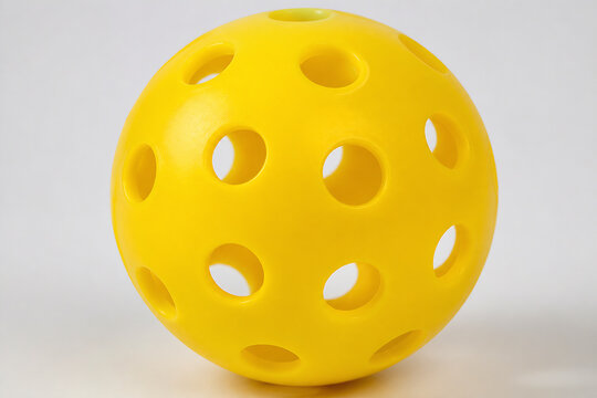 A bright yellow perforated ball is displayed against a plain white background.