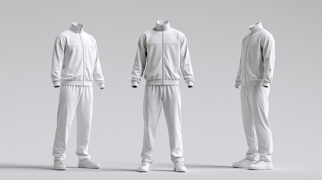 Blank white tracksuit mockup featuring a full zip jacket and matching sweatpants shown from multiple angles on a neutral studio background for apparel design.