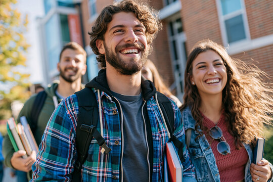 Group of happy diverse university students with backpacks and books walking outdoors on campus and laughing