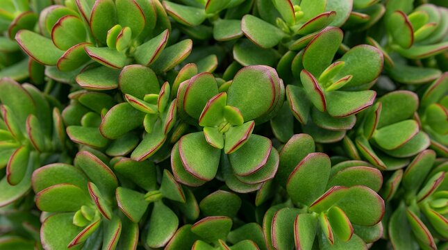 Dense Cluster of Jade Plant Foliage Revealing Green Succulent Leaves with Distinctive Crimson Edges jade plant green succulent leaves red edges foliage margins botanical pattern organic abstract
