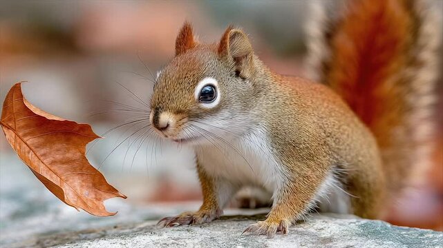 A curious squirrel stares at a falling leaf. It's reddish-brown fur blends with autumn colors