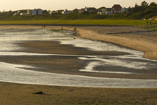 View of the wadden shore at low tide with expansive tidal flats, wet sand reflecting the golden hour light, and distant coastal houses in Esbjerg, Denmark.