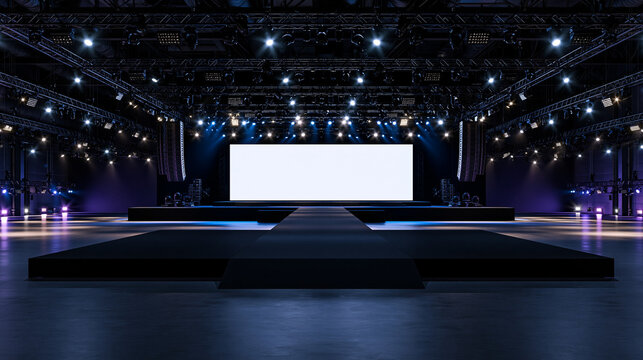 A blank white screen on a modern empty concert stage with a runway, dramatic blue and purple theatrical spotlighting, and overhead rigging lights.