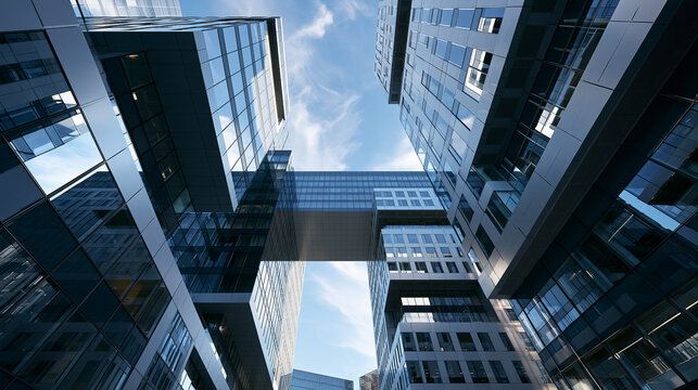 A low angle shot looking up at modern glass office buildings and skyscrapers connected by a skybridge against a blue sky with clouds.
