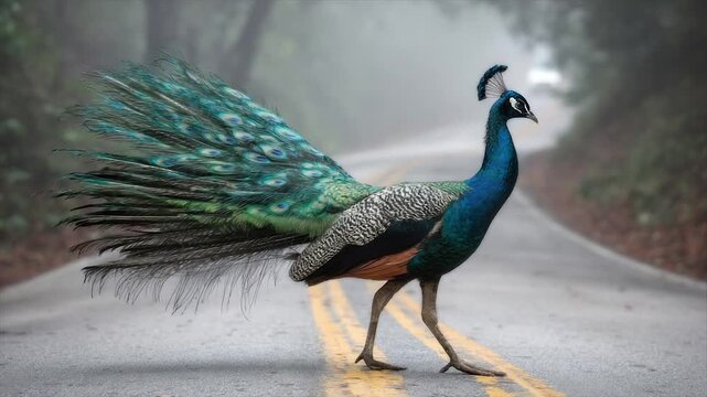 A vibrant peacock struts on a wet, curving road framed by a foggy forest background