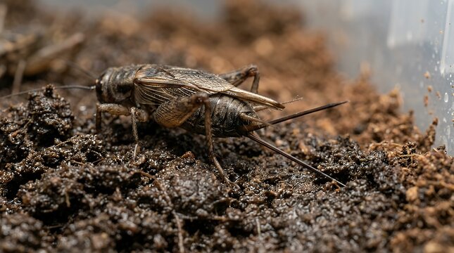 Macro Inspection of Farmed Gryllidae Insect Specimen Egg Laying Behavior on Humid Soil Medium crickets gryllidae insect farm female eggs substrate soil damp moisture macro close up agriculture fauna