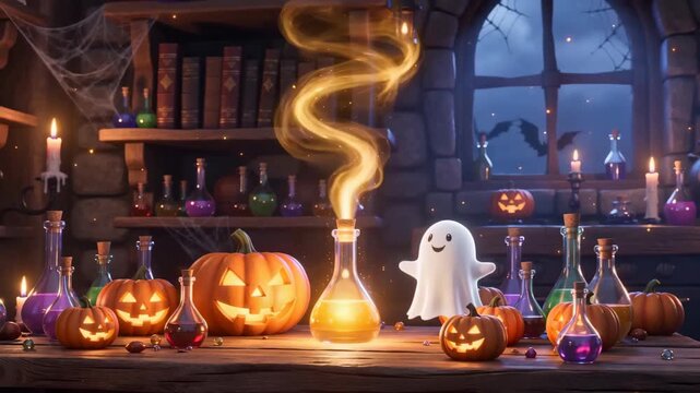 Magical Halloween scene in a spooky witch's workshop, featuring glowing jack o lanterns, vibrant potion bottles, and a white ghost, culminating in the enchanting reveal of Happy Halloween, greeting