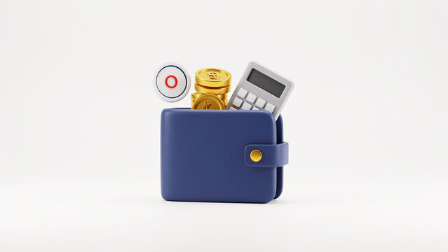 Empty wallet with digital currency coins calculator symbolizing zero balance financial management concept