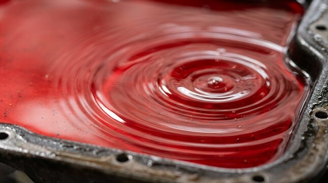 Macro View of Pure Red Lubricant Fluid Surface Ripples During Vehicle Transmission Service transmission fluid lubricant red oil macro texture background liquid ripples close up automotive maintenance