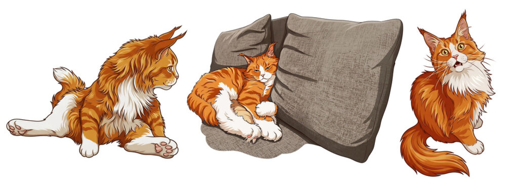 Cartoon orange Maine Coon cat illustrations on a transparent background in sitting, lying, and relaxed poses. Fluffy character art for stickers, merch, social media, and digital design.