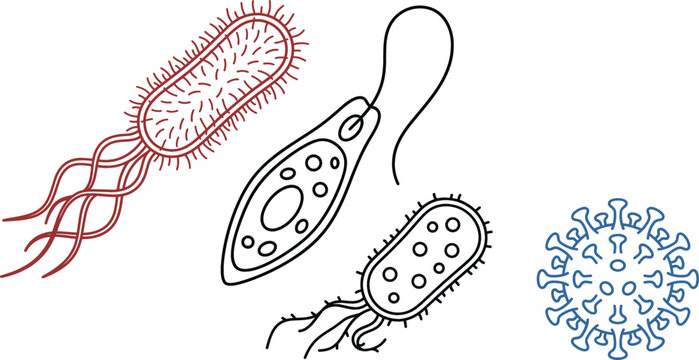Bacteria and virus line vector icon set with micro organisms cells paramecium bacteria flagella micro microbes biology science study
