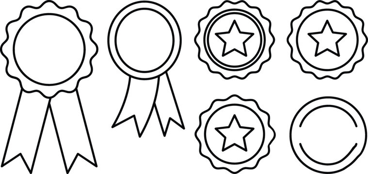 Award ribbon rosette prize badge certificate seal and star quality stamp line art vector icons collection for achievement