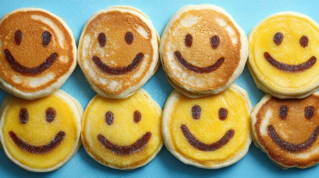 Golden pancakes arranged with smiley faces on blue background