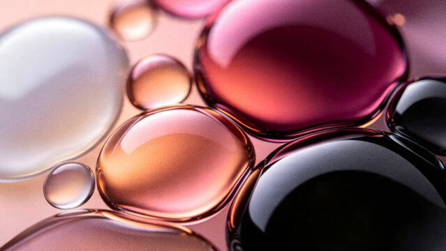 Abstract 3D grainy background featuring floating liquid glass oil bubbles with premium black pink rose gold and white iridescent holographic gradient refractions.
