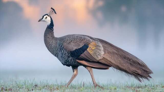 A female peacock stands gracefully in a misty meadow. Its head is white, neck blue, and body gray
